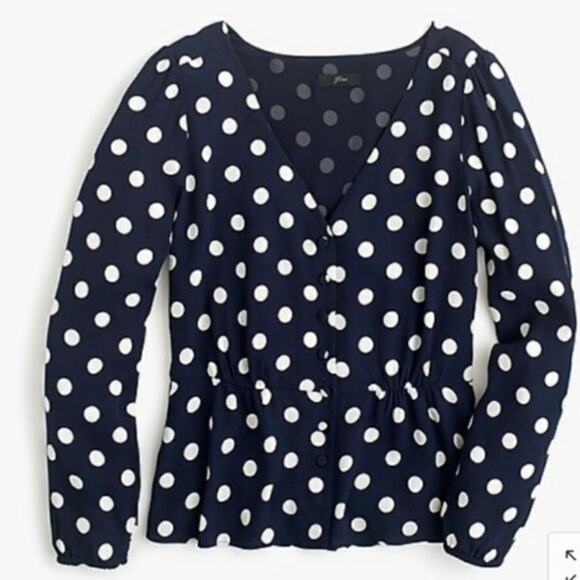 J Crew Navy Blue Cream Polka Dot Silky Peplum Crepe Fitted Button Up Down Top 10 - Picture 2 of 9